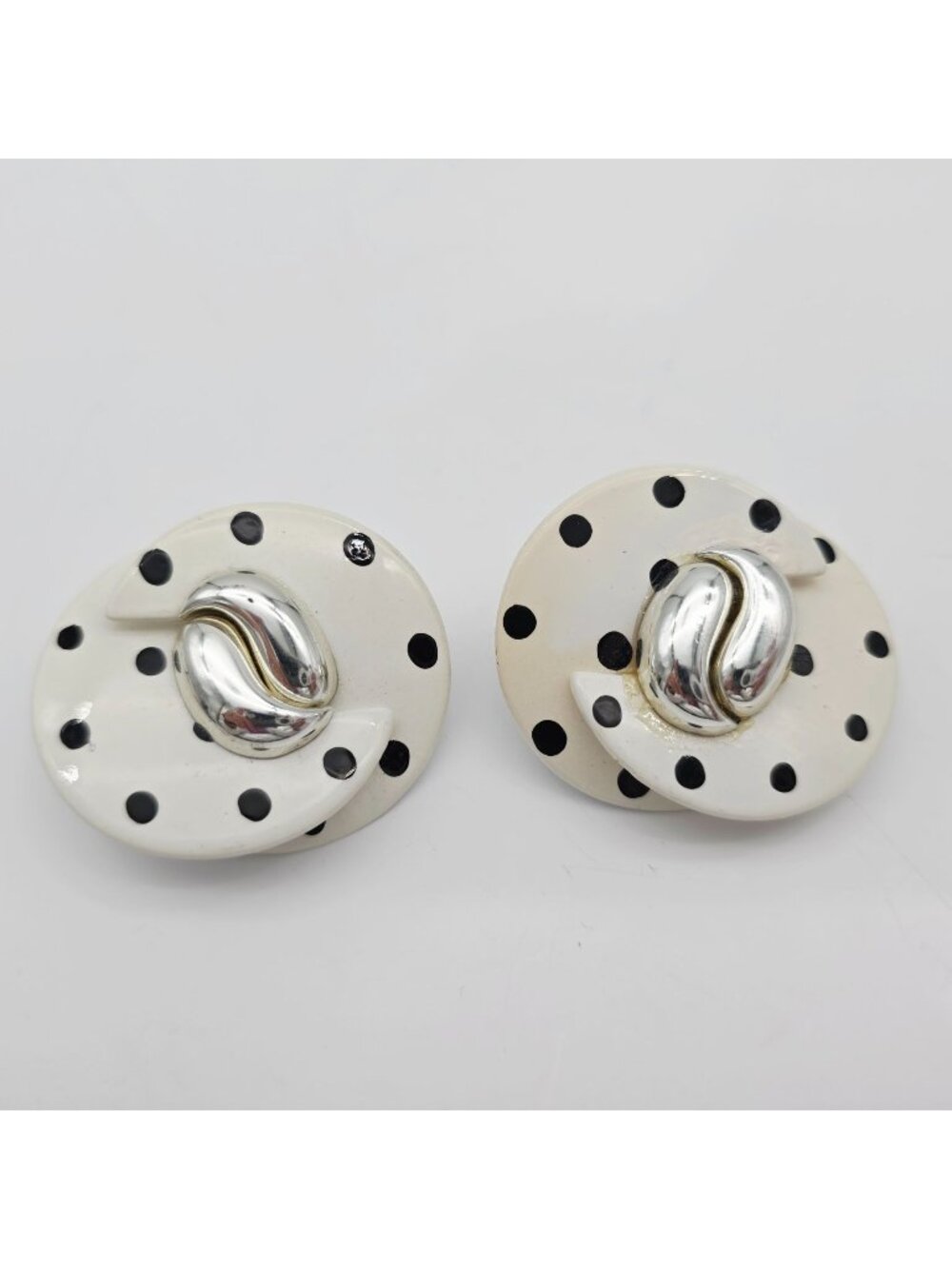 Vintage 1960s Polka Dot Clip-On Earrings White & Black Circular Design Statement